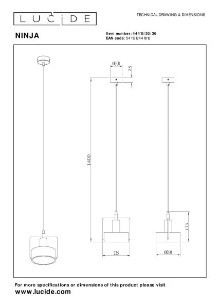 Lucide NINJA - Pendant light - Ø 20 cm - 1xE27 - Grey - technical